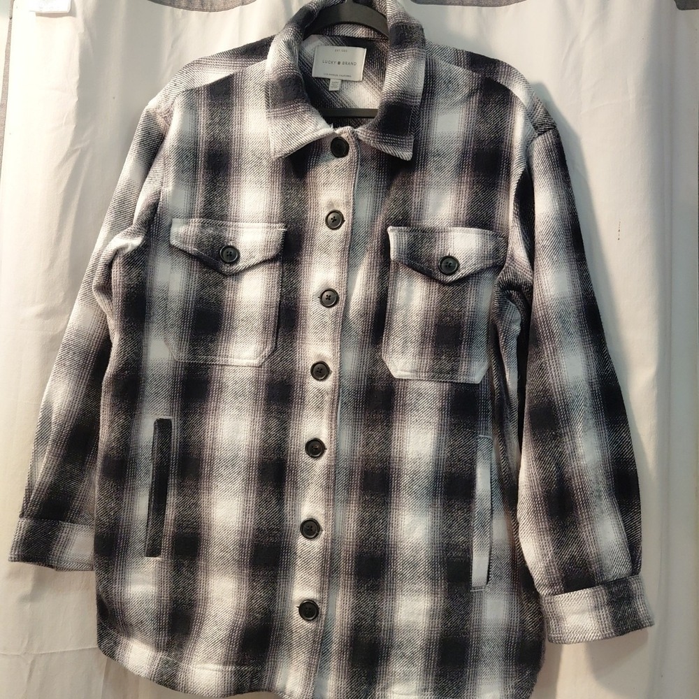 90s Y2k Lucky Brand Mens‎ White Black Plaid Over Sized Shacket Size M